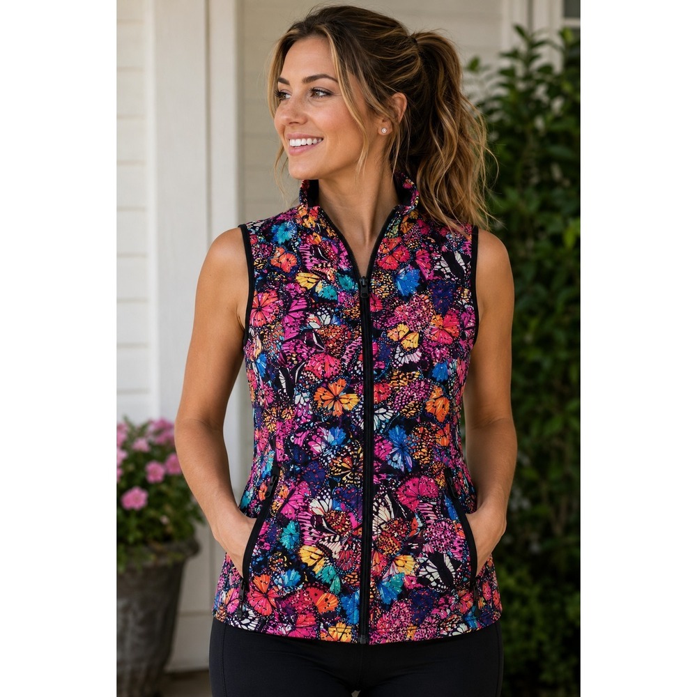 Shredly Women's Small Butterfly Print Full Zip Performance Vest Zip Pockets MTB